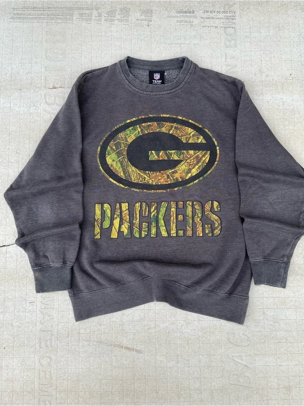NFL Gray Crewneck Sweatshirt with Green Camo Packers Logo